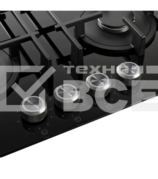 Варочная поверхность Kuppersberg FG 68 B газ, High-Tech, 60 см, автоматический электроподжиг, газ-контроль, форсунки под сжиженый газ, механическое/сенсорное управление, таймер, блокировка панели управления, подсветка панели управления, SABAF конфорки, чугунные решетки, цвет черный, цвет фурнитуры черно-серебристый
