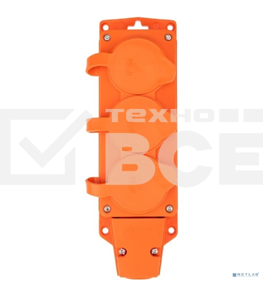 Розетка (колодка) Rexant влагозащищенная с крышкой 3 гнезда COMPACT, с/з, 16А, IP54, каучук, оранжевый