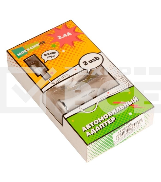 Автомобильная зарядка (от прикуривателя) 2USB 2.4A для Type-C More choice AC22a, белый