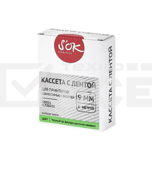 Кассета с лентой S'OK by Sakura Printing TZED21 для Brother, черный на зеленом, 9мм/8м, наклейка