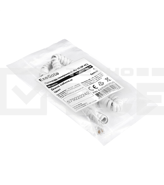 Патч-корд телефонный ExeGate TC4P4C-4M-W (шнур для телефонной трубки, витой, RJ-10 (4P-4C), 4м, белый)