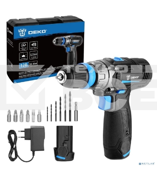 Аккумуляторная дрель-шуруповерт DEKO DKCD12V PRO 083-1004  в кейсе co съемным патроном + оснастка 13 шт, 12В, 2х1.5Ач