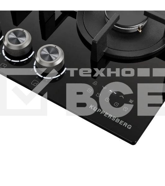 Варочная поверхность Kuppersberg FG 68 B газ, High-Tech, 60 см, автоматический электроподжиг, газ-контроль, форсунки под сжиженый газ, механическое/сенсорное управление, таймер, блокировка панели управления, подсветка панели управления, SABAF конфорки, чугунные решетки, цвет черный, цвет фурнитуры черно-серебристый