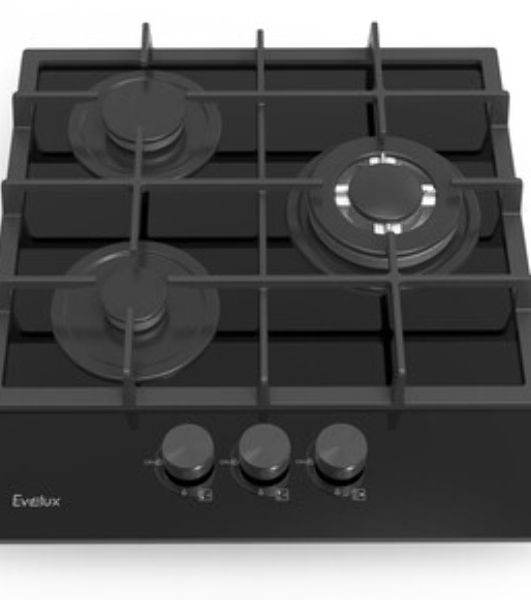 Газовая варочная панель Evelux HEG 425 BG Hi-Tech, 45 см, 3 конфорки, WOK-конфорка, чугунные решетки, газ-контроль, электроподжиг, механическое управление, черный
