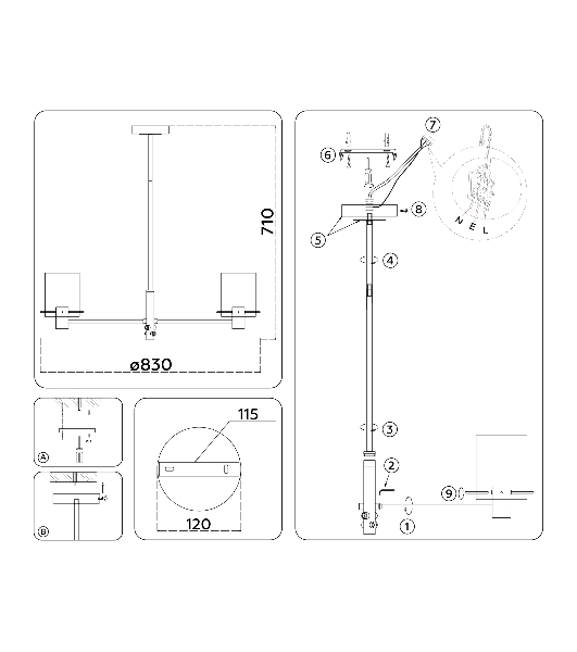 Люстра Ambrella light LH57043/8 BK/DBS/SM черный/темная латунь/дымчатый E14/8 max 40W D830*710