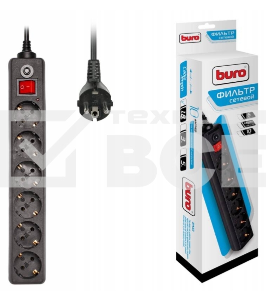 Сетевой фильтр Buro 600SH-1.8-B 1.8м (6 розеток) черный (коробка)