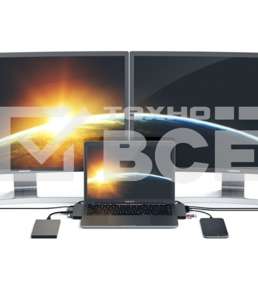 USB-концентратор Satechi Aluminum Pro Hub для Macbook Pro (USB-C). Порты: HDMI, Thunderbolt 3, USB Type-C, SD, microSD, 2 x USB 3.0. серый космос.