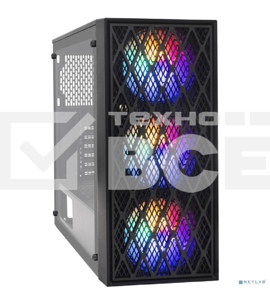 Компьютерный корпус Miditower ExeGate EVO-8243 (ATX, без БП, 2*USB+1*USB3.0, черный, 3 вент. с RGB подсветкой, боковая панель - закаленное стекло)