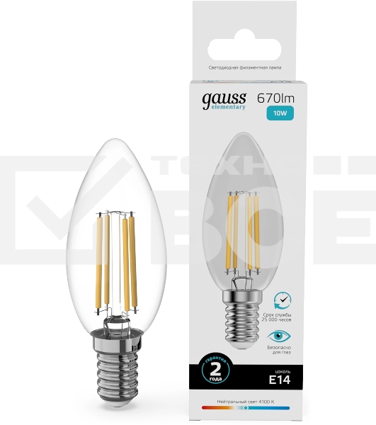 Лампа филам. Gauss Filament 10Вт цок.:E14 свеча св.свеч.бел.нейт. (упак.:10шт) (32120)