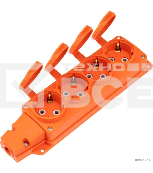 Розетка (колодка) Rexant влагозащищенная с крышкой 4 гнезда COMPACT, с/з, 16А, IP54, каучук, оранжевый