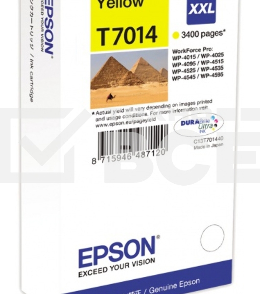 Картридж струйный EPSON C13T70144010 желтый (3400 стр. сверх-повышенной емкости) для WorkForce WP-4015DN WP-4015, WP-4025DW WP-4025, WP-4095DN WP-4095, WP-4515DN WP-4515, WP-4525DNF WP-4525, WP-4535DWF WP-4535, WP-4595DNF WP-4595
