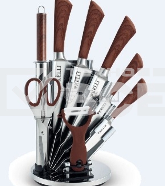 Набор кухонных ножей KELLI KL-2127 метал на подставке Высококачественная сталь 9 предметов: Топорик кухонный 16 см, Нож поварской 20 см, Нож хлебный 20 см, Нож для резки 12 см, Нож овощной 9 см, Точилка, Ножницы Овощечистка с керамическим лезвиемОстрая ре