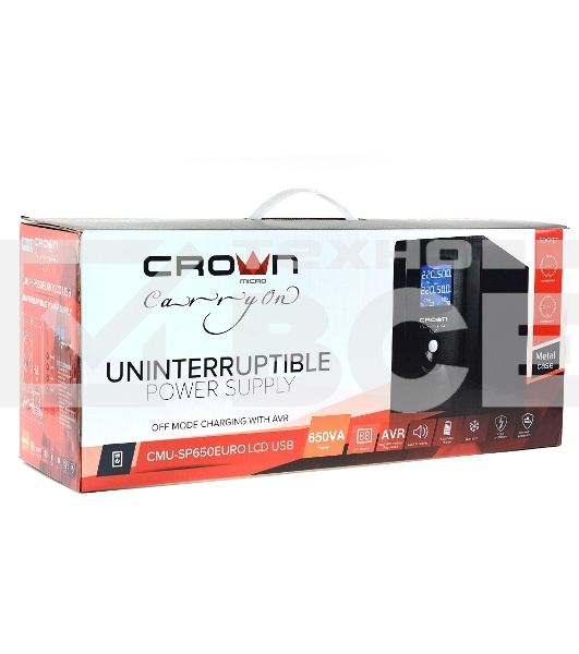 Источник бесперебойного питания CROWN Line Intractive CMU-SP650EURO LCD USB 650VA\390W, корпус металл, 1x12V/7AH, розетки 2*EURO+3*IEC, трансформатор AVR 140-290V, LCD-дисплей, съёмный кабель 1.2 м, порт RJ11/45, порт USB, защита: от перегрузки, от КЗ, от