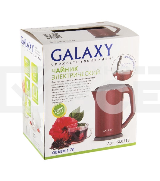 Чайник электрический Galaxy GL 0318, красный, пластик, 2000 Вт, 1,7 л
