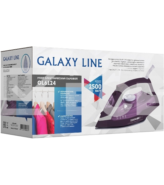 Утюг Galaxy Line GL 6124, фиолетовый с белым, паровой, 2500 Вт, постоянный пар 50 г/мин, паровой удар 230 г/мин, функции: самоочистка, антикапля, антинакипь, функция увлажнения, вертикальное отпаривание, защита от перегрева, индикатор нагрева, керамическо