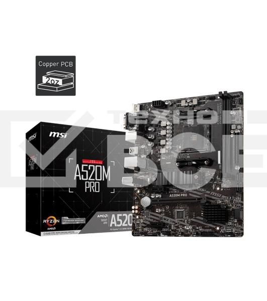Материнская плата MSI A520M PRO, AM4, AMD A520, 2xDDR4, 4xSATA, 1xM.2, 1xPCIe 3.0 x16, 1xDVI-D, 1xHDMI, 1x 1Gb LAN, 2xUSB 2.0, 4xUSB 3.2 Gen 1, 3x3.5 мм, 7.1, mATX