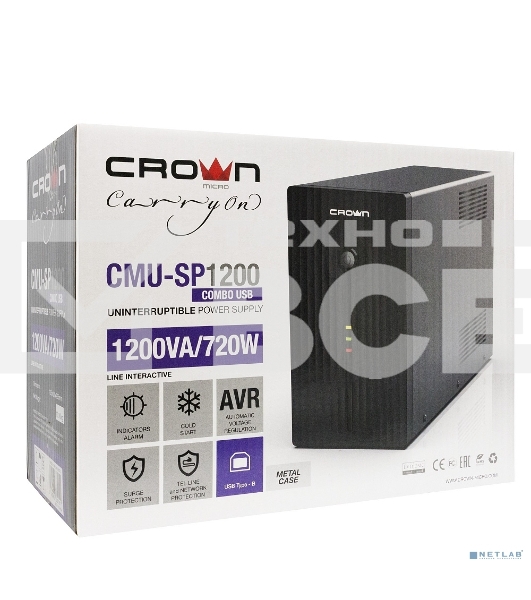 Источник бесперебойного питания CROWN Line Intractive CMU-SP1200 COMBO USB 1200VA\720W
