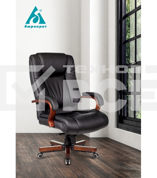 Кресло руководителя Бюрократ T-9925WALNUT/BLACK черный, кожа, крестовина дерево