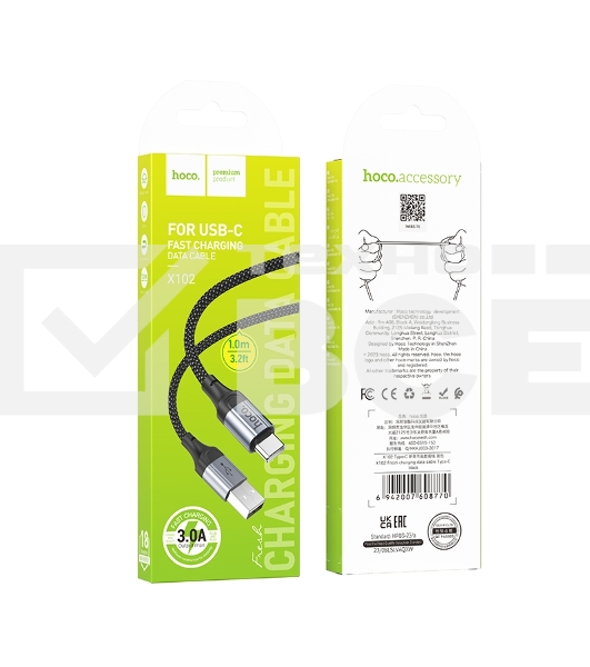 Кабель USB2.0 Hoco AM/Type-C, 3А, X102, 1м, черный, коробка