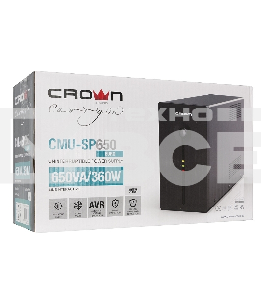 Источник бесперебойного питания CROWN ИБП CMU-SP650EURO {650VA, металл, 1x12V/7AH, розетки 2*EURO+1*IEC bybass} CM000001490