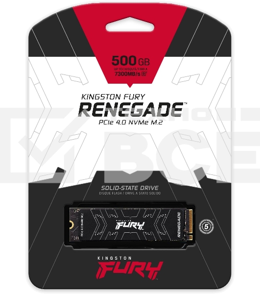 Накопитель SSD Kingston Fury Renegade, 500Gb, PCIe 4.0 x4, M.2 2280, NVMe, R/W 7300/3900, с радиатором