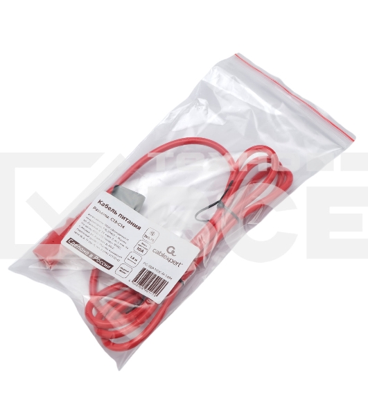 Кабель питания Cablexpert Россия PC-189-VDE-R-1.8M, C13-С14, 3x0.75мм2, 10A, с заземлением, медь, 1.8м, красный, пакет