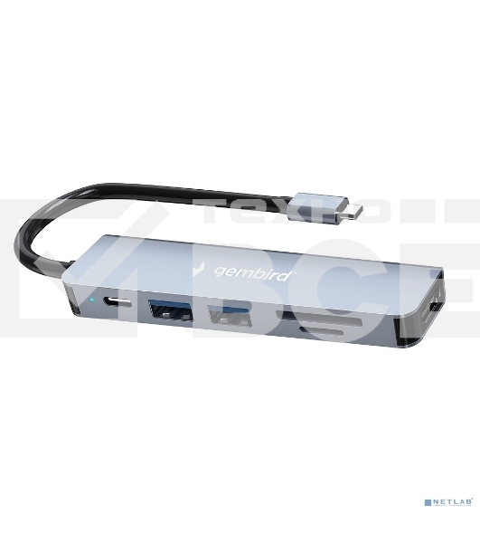 Концентратор USB Type-C Gembird UHB-D9 6в1: USB3.1, PD100W, SD/TF, USB2.0, HDMI, кабель 16см, алюминий