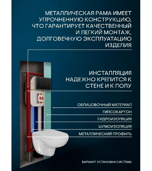 Комплект BAU 6 в 1: рамная инсталляция, унитаз подвесной безободковый Bau Novo, быстросъемное сиденье микролифт, кнопка смыва BAU Soul, черная матовая