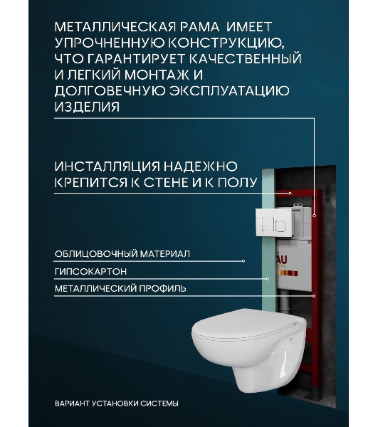 Комплект BAU 6 в 1: инсталляция BAU PRO для подвесного унитаза, унитаз подвесной безободковый Bau Novo, быстросъемное сиденье микролифт, кнопка смыва BAU Soul, белая