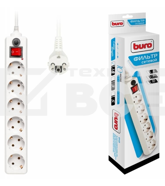Сетевой фильтр Buro 600SH-1.8-W 1.8м (6 розеток) белый (коробка)