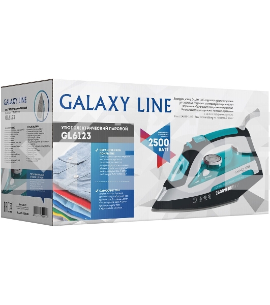 Утюг Galaxy Line GL 6123, голубой с белым, паровой, 2500 Вт, постоянный пар 50 г/мин, паровой удар 230 г/мин, функции: самоочистка, антикапля, антинакипь, функция увлажнения, вертикальное отпаривание, защита от перегрева, индикатор нагрева, керамическое п