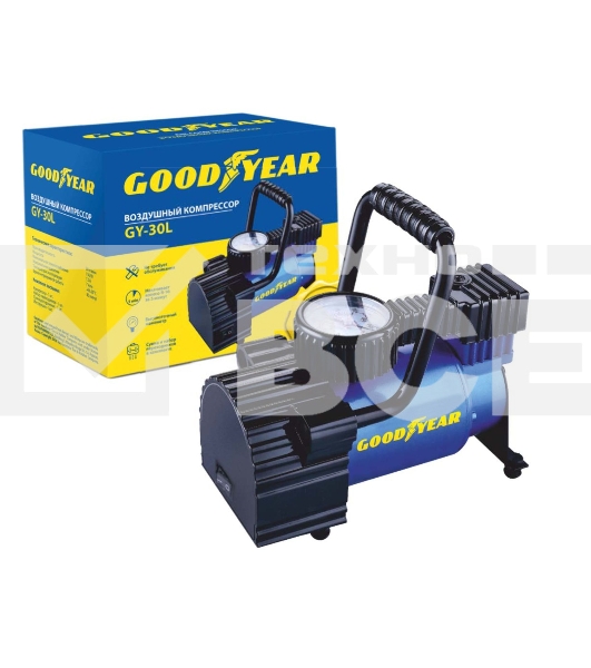 Компрессор GOODYEAR GY000101 GY-30L 30 л/мин Мощность 156 Вт, Производительность 30 л/мин, Максимальное токопотребление 13 А, Максимальное давление - 7 Атм, Длина провода питания: 3 м, Длина воздушного шланга: 1 м. Сумка и набор переходников в комплекте.