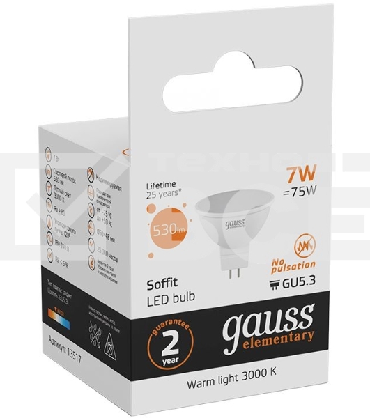 Светодиодная лампа Gauss 13517 LED Elementary MR16 GU5.3 7W 530lm 3000K 1/10/100 0