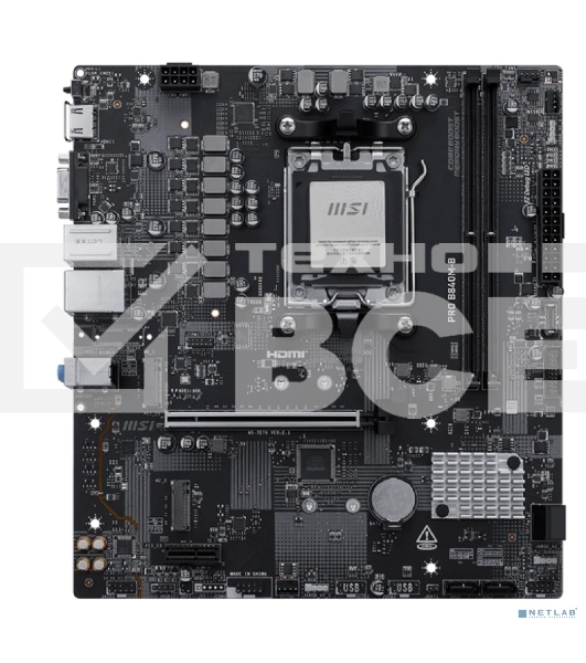 Материнская плата MSI PRO B840M-B, AM5, AMD B840, 2xDDR5, 4xSATA, 2xM.2, 1xPCIe 4.0 x16, 1xPCIe 3.0 x1, 1xHDMI, 1xVGA, 1x2.5Gb LAN, 4xUSB-A 5Gbps, 2xUSB-A 2.0, 3x3.5 мм, 7.1, mATX
