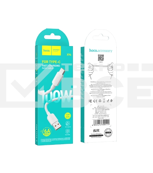 Кабель USB2.0 Hoco AM/Type-C, 6A, X96, 1м, белый, коробка