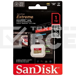 Флеш карта microSDXC SanDis 1024GBEXTREME Class 10, UHS-I, W130, R 190 МБ/с, <SDSQXAV-1T00-GN6MN> без адаптера на SD