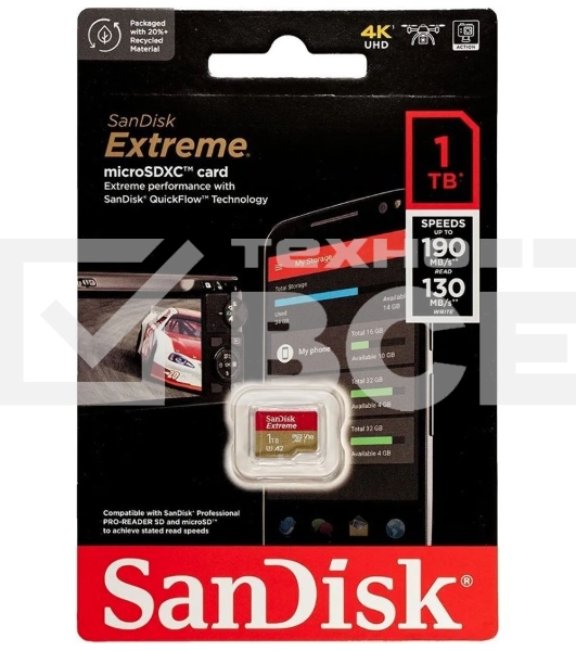 Флеш карта microSDXC SanDis 1024GBEXTREME Class 10, UHS-I, W130, R 190 МБ/с, <SDSQXAV-1T00-GN6MN> без адаптера на SD