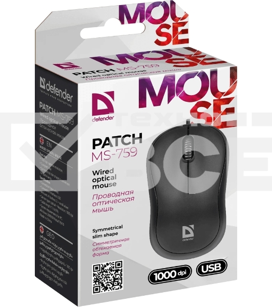 Мышь проводная Defender Patch MS-759 черный, 1000 dpi, USB, кнопки - 3