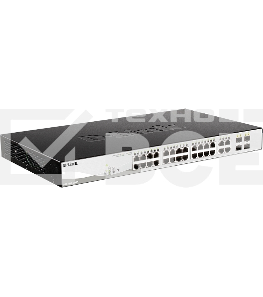 Настраиваемый L2 коммутатор D-Link DGS-1210-28MP/F4A с 24 портами 10/100/1000Base-T и 4 комбо-портами 100/1000Base-T/SFP (24 порта PoE 802.3af/at, PoE-бюджет 370 Вт)