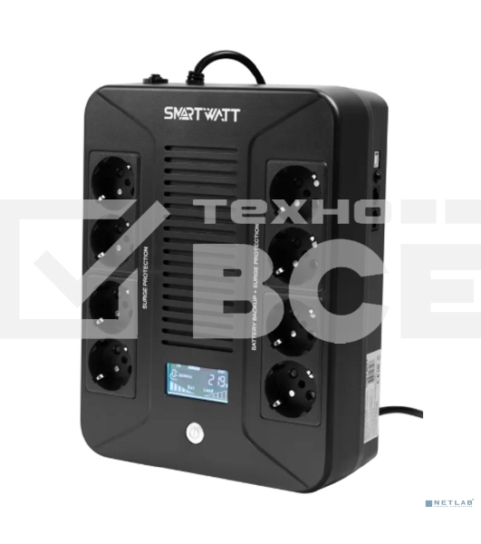 Источник бесперебойного питания SMARTWATT UPS SAFE PRO LCD 800 черный 800/480 ВА/Вт, напольный/настенный, линейно-интерактивный, LCD дисплей, Shuko CEE7/4 - 8 шт. (4 шт. с резервным питанием, 4 шт. - сетевой фильтр)