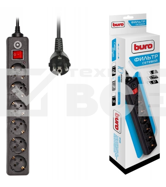 Сетевой фильтр Buro 600SH-3-B 3м (6 розеток) черный (коробка)