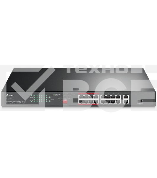 Коммутатор TP-Link 16-port 10/100Mbps + 2-port Gigabit unmanaged switch with 16 PoE+ ports, compliant with 802.3af/at PoE, 150W PoE budget,  support 250m Extend Mode, priority mode and Isolation mode, rackmount, plug and play.