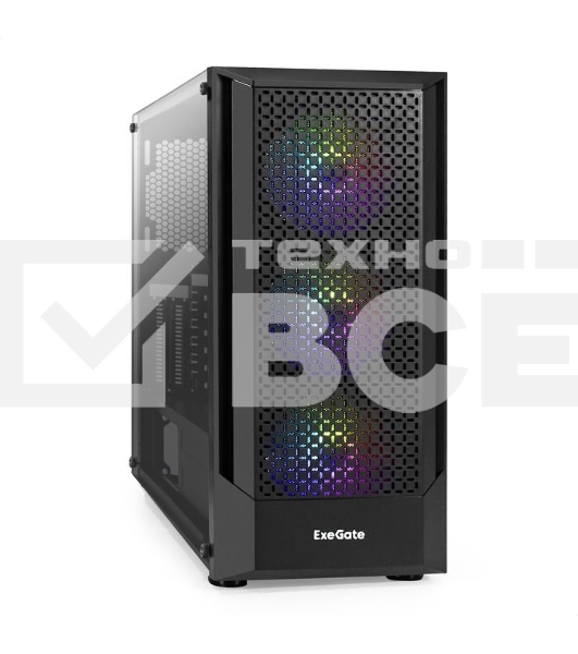 Корпус Miditower ExeGate EVO-8227 (ATX, без БП, 2*USB+1*USB3.0+HD Audio, черный, 3 вент. с RGB подсветкой, боковая панель - закаленное стекло)