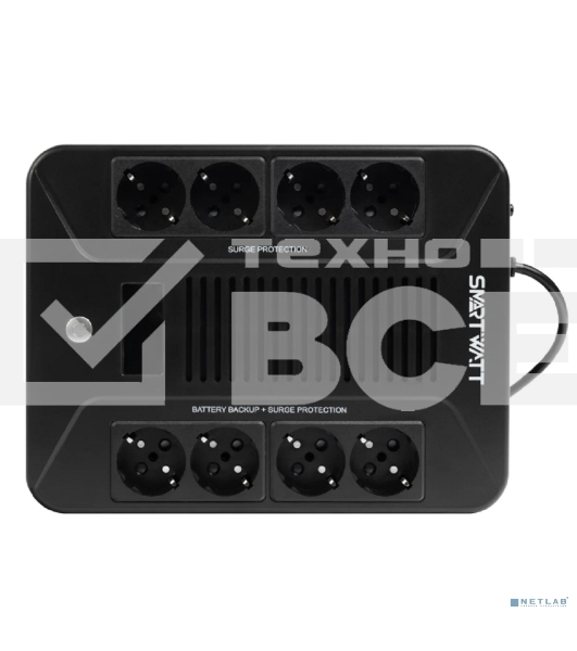 Источник бесперебойного питания SMARTWATT UPS SAFE PRO LCD 800 черный 800/480 ВА/Вт, напольный/настенный, линейно-интерактивный, LCD дисплей, Shuko CEE7/4 - 8 шт. (4 шт. с резервным питанием, 4 шт. - сетевой фильтр)