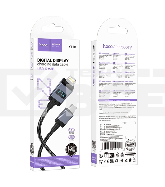 Кабель USB2.0 Hoco Type-C/Lightning, 2.4А, 27Вт,с дисплеем, X118, 1м, черный, коробка