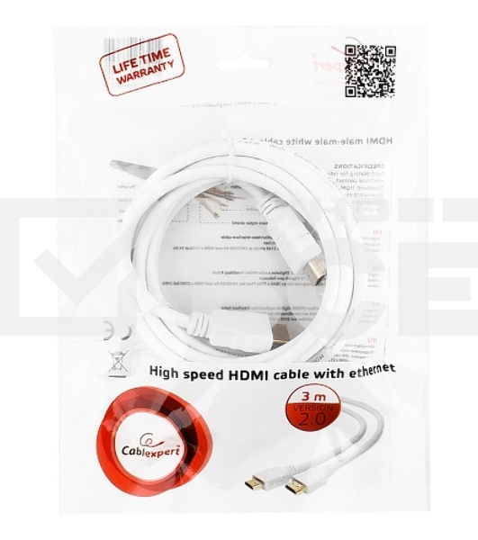 Кабель Cablexpert HDMI CC-HDMI4-W-10, 19M/19M, v2.0, медь, позол.разъемы, экран, 3 м, белый, пакет