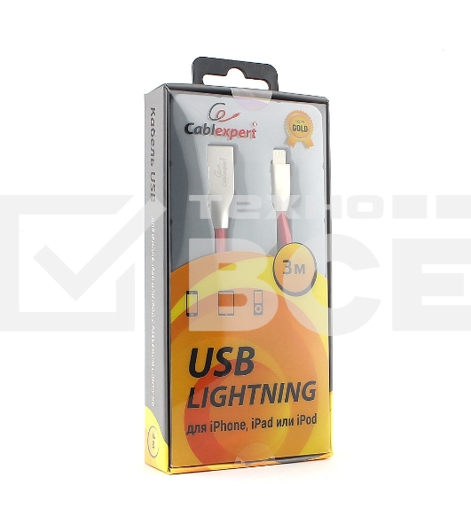 Кабель Cablexpert для Apple CC-G-APUSB01R-3M, AM/Lightning, серия Gold, длина 3м, красный, блистер