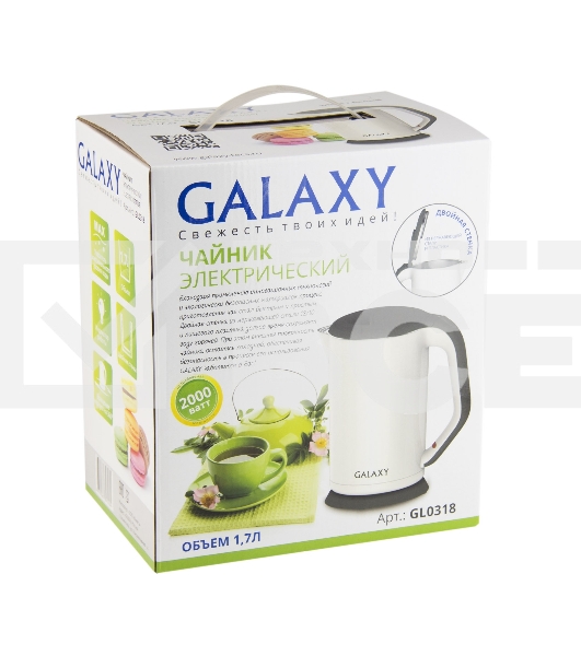 Чайник электрический Galaxy GL 0318, белый, пластик, 2000 Вт, 1,7 л