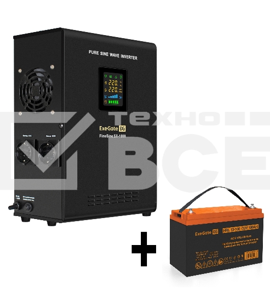 Комплект ИБП EX295997RUS + батарея 100Aч EX285656RUS 1шт (инвертор, синус, для котла, настенный) ExeGate FineSine SX-1000.LCD.AVR.2SH <1000VA/600W, чистая синусоида, цветной LCD-дисплей, AVR, 2*Schuko, линейно-интерактивный, крепление настенное/универсаль