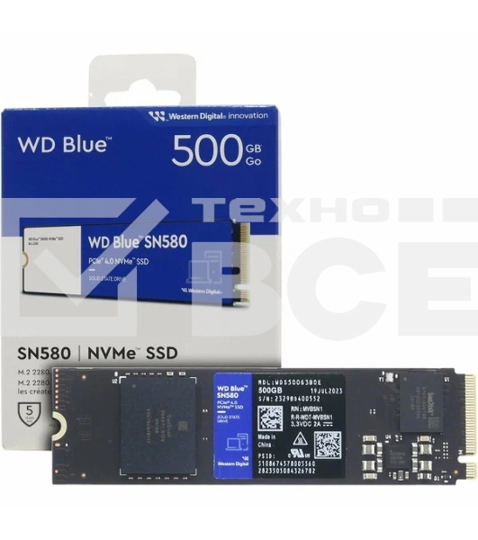 Накопитель SSD WD Blue SN580, 500GB, PCIe 4.0 x4, M.2 2280, NVMe, R/W 4000/3600